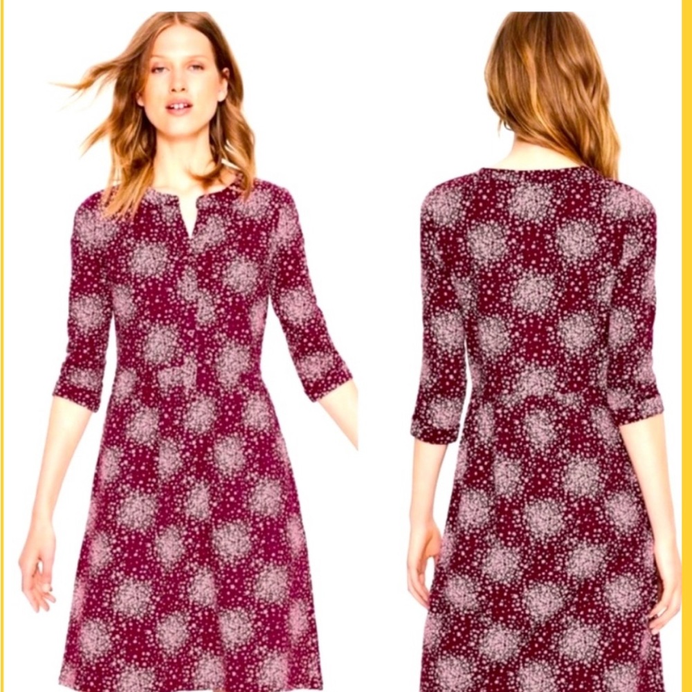 Boden Mulled Wine Flower Burst Briar Pocket Notch-Neck Dress Size 14